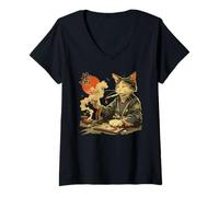 Womens Samurai Cat Playing Traditional Japanese Game V-Neck T-Shirt