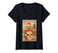 Womens Samurai Cat Ramen Under Cherry Blossoms and Japan Pagoda V-Neck T-Shirt
