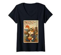 Womens Samurai Cat Ramen with Japanese Pagoda and Cherry Blossoms V-Neck T-Shirt