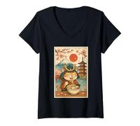 Womens Samurai Cat Ramen with Japanese Pagoda and Cherry Blossoms V-Neck T-Shirt