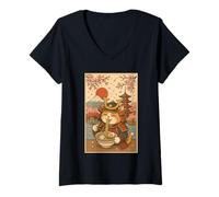 Womens Samurai Cat Ramen with Japanese Pagoda and Cherry Blossoms V-Neck T-Shirt