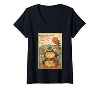 Womens Samurai Cat Ramen with Japanese Pagoda and Cherry Blossoms V-Neck T-Shirt