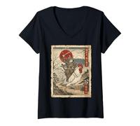 Women's Samurai Cat Riding a Giant Rooster Japanese Ukiyo-e Art V-Neck T-Shirt