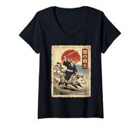 Women's Samurai Cat Riding Opossum Japanese Retro Art Vintage Japan V-Neck T-Shirt