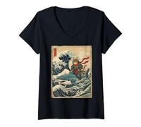 Women's Samurai Cat Riding Shark Great Wave Japanese Art Osaka V-Neck T-Shirt