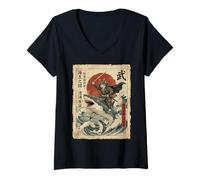Women's Samurai Cat Riding Shark Great Wave Japanese Osaka Vintage V-Neck T-Shirt