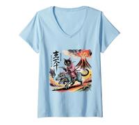 Womens Samurai Cat Riding T-Rex Volcano Japan Vintage Art V-Neck T-Shirt