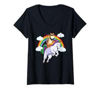 Women's Samurai Cat Riding Unicorn Rainbow Japanese Ninja Cat V-Neck T-Shirt