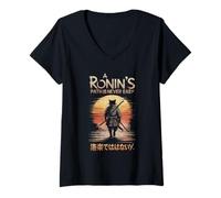 Womens Samurai Cat Ronin Path Warrior Sunset Journey Japanese Style V-Neck T-Shirt