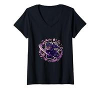 Womens Samurai Cat Sakura Warrior V-Neck T-Shirt