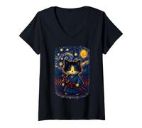 Womens Samurai Cat - Starry Night Japanese Ukiyo-e Ninja Art V-Neck T-Shirt