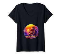 Women's Samurai Cat Sunset Mountain Warrior Art V-Neck T-Shirt