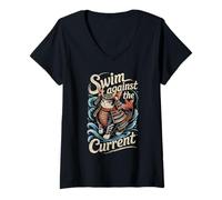 Womens Samurai Cat Swim Against Current Koi Fish Armor Japanese V-Neck T-Shirt