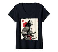 Women's Samurai Cat Warrior Ink Artwork Kawaii Anime Cat Samurai V-Neck T-Shirt
