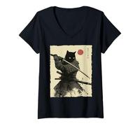 Women's Samurai Cat Warrior Ink Artwork Kawaii Anime Cat Samurai V-Neck T-Shirt