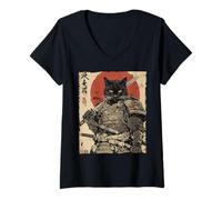 Women's Samurai Cat Warrior Ink Artwork Kawaii Anime Cat Samurai V-Neck T-Shirt