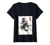 Women's Samurai Cat Warrior Ink Artwork Kawaii Anime Cat Samurai V-Neck T-Shirt
