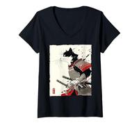 Women's Samurai Cat Warrior Ink Artwork Kawaii Anime Cat Samurai V-Neck T-Shirt