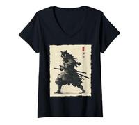 Women's Samurai Cat Warrior Ink Artwork Kawaii Anime Cat Samurai V-Neck T-Shirt
