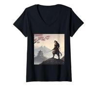 Womens Samurai Cat Warrior Under Cherry Blossom Sky V-Neck T-Shirt