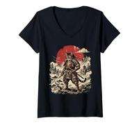 Women's Samurai Cat Warrior Vintage Japanese Art Graphic Funny Cats V-Neck T-Shirt