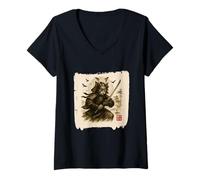 Womens Samurai Cat Wise Japanese Warrior Cat with Katana Anime V-Neck T-Shirt