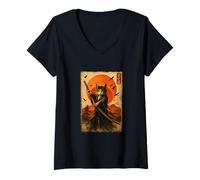 Womens Samurai Cat with Katana Japanese Sunset Warrior Design V-Neck T-Shirt