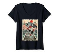 Womens Samurai Crow Skateboarding Temple Art Japanese Oni V-Neck T-Shirt