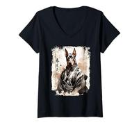 Womens Samurai Doberman Dog Warrior. Japanese Ink Art Japan Design V-Neck T-Shirt