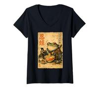 Women's Samurai Frog Eating Ramen Scroll Phone Japanese Ninja Frog V-Neck T-Shirt