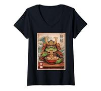 Women's Samurai Frog Eating Ramen Warrior Great Wave Vintage Art V-Neck T-Shirt