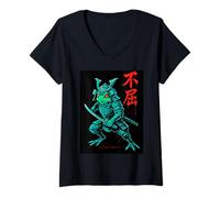 Womens Samurai Frog Warrior with Katana Sword Japanese Brush Art V-Neck T-Shirt