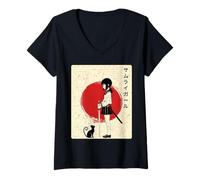 Women's Samurai Girl with Cat Cool Anime V-Neck T-Shirt