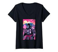 Womens Samurai Gorilla Japan Mount Fuji Cherry Retro Warrior V-Neck T-Shirt