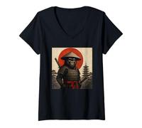 Womens Samurai Gorilla Warrior with Rising Sun and Pagoda V-Neck T-Shirt