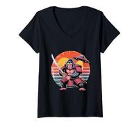 Womens Samurai Gorilla with Sword UFO Retro Japanese Style V-Neck T-Shirt