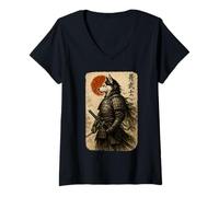 Womens Samurai Husky Warrior Ukiyo Japanese Artwork Dog Samurai V-Neck T-Shirt