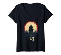Womens Samurai Japanese Art Vintage Warrior Shadow Sun Retro V-Neck T-Shirt