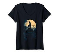 Womens Samurai Japanese Art Vintage Warrior Shadow Sun Retro V-Neck T-Shirt