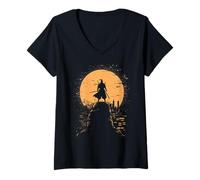 Womens Samurai Japanese Art Vintage Warrior Shadow Sun Retro V-Neck T-Shirt