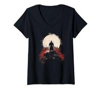 Womens Samurai Japanese Art Vintage Warrior Shadow Sun Retro V-Neck T-Shirt
