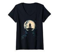 Womens Samurai Japanese Art Vintage Warrior Shadow Sun Retro V-Neck T-Shirt