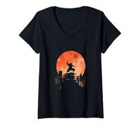 Womens Samurai Japanese Art Vintage Warrior Shadow Sun Retro V-Neck T-Shirt