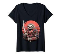 Womens Samurai Lazy Sloth Katana Sword Sloths V-Neck T-Shirt