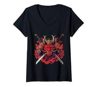 Womens Samurai Masks Fierce Mask with Swords V-Neck T-Shirt