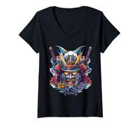 Womens Samurai Masks Vibrant Warriors Art V-Neck T-Shirt