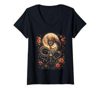 Women's Samurai Ninja Cat Dragon Moon Japanese Aesthetic Art V-Neck T-Shirt