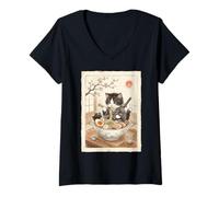 Women's Samurai Ninja Cute Cat Ramen Bowl Japanese Watercolor Japan V-Neck T-Shirt