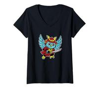 Womens Samurai Owl Retro Winged Warrior V-Neck T-Shirt