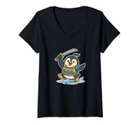 Womens Samurai Penguin Ice Retro Fighter V-Neck T-Shirt
